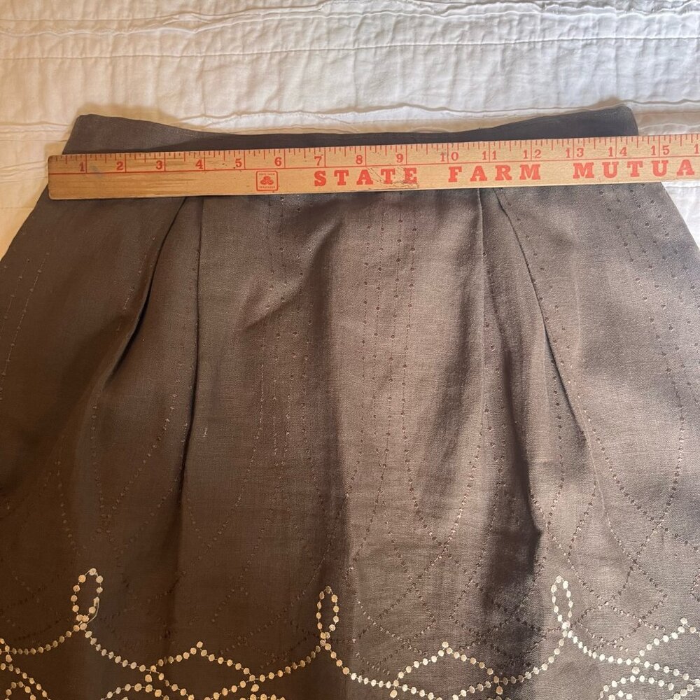 Elie Tahari Brown Linen Skirt with Embroidered Hem 6 - Picture 6 of 9